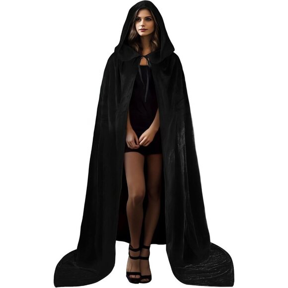 Dresses & Skirts - Women's Black Witch Imported Velvet Cloak Halloween Hooded Cape Medieval Costume